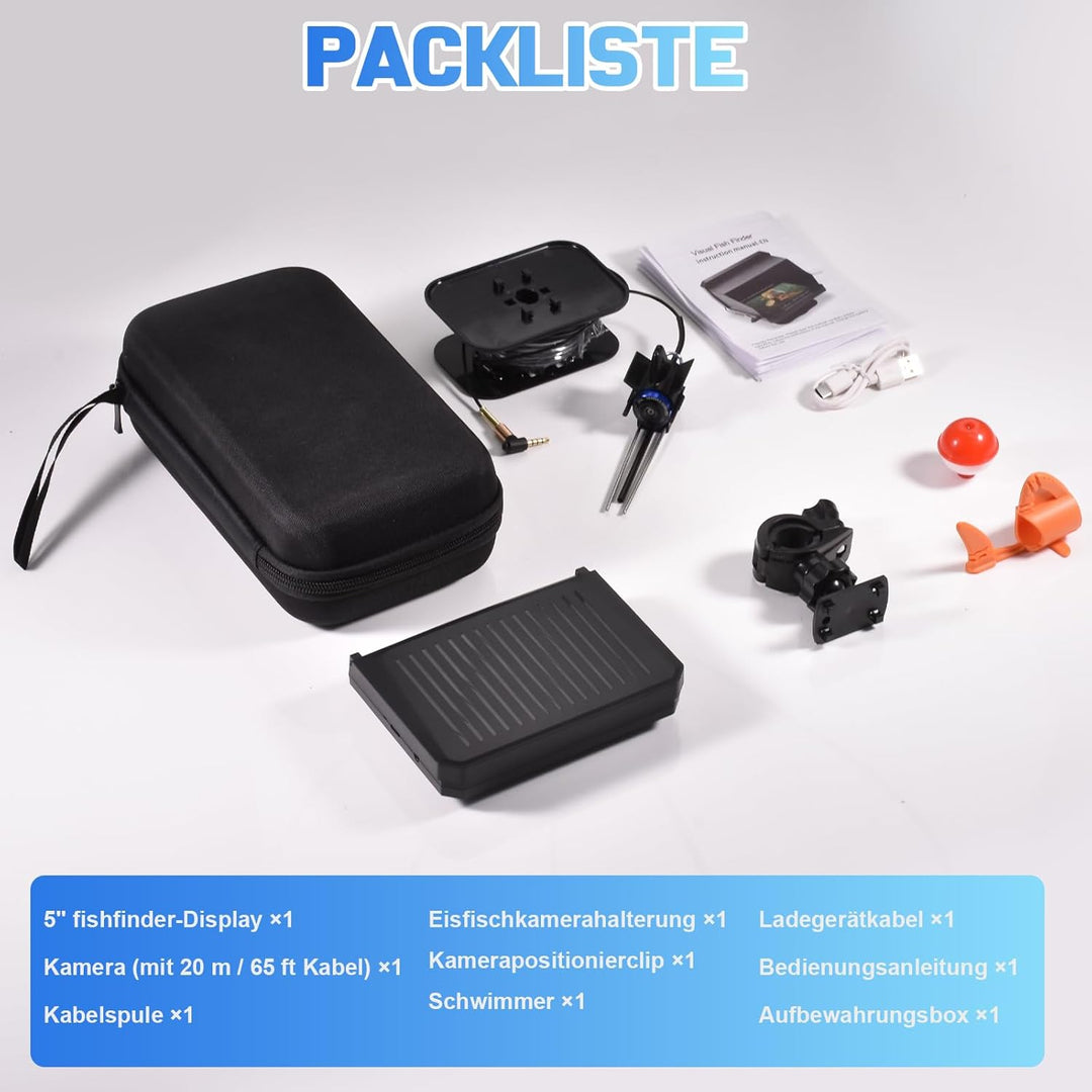 Tragbarer 5 Zoll IPS Fischfinder mit 17 IR LEDs und 20m Kabel - 1080P Angelkamera mit 220° Weitwinke