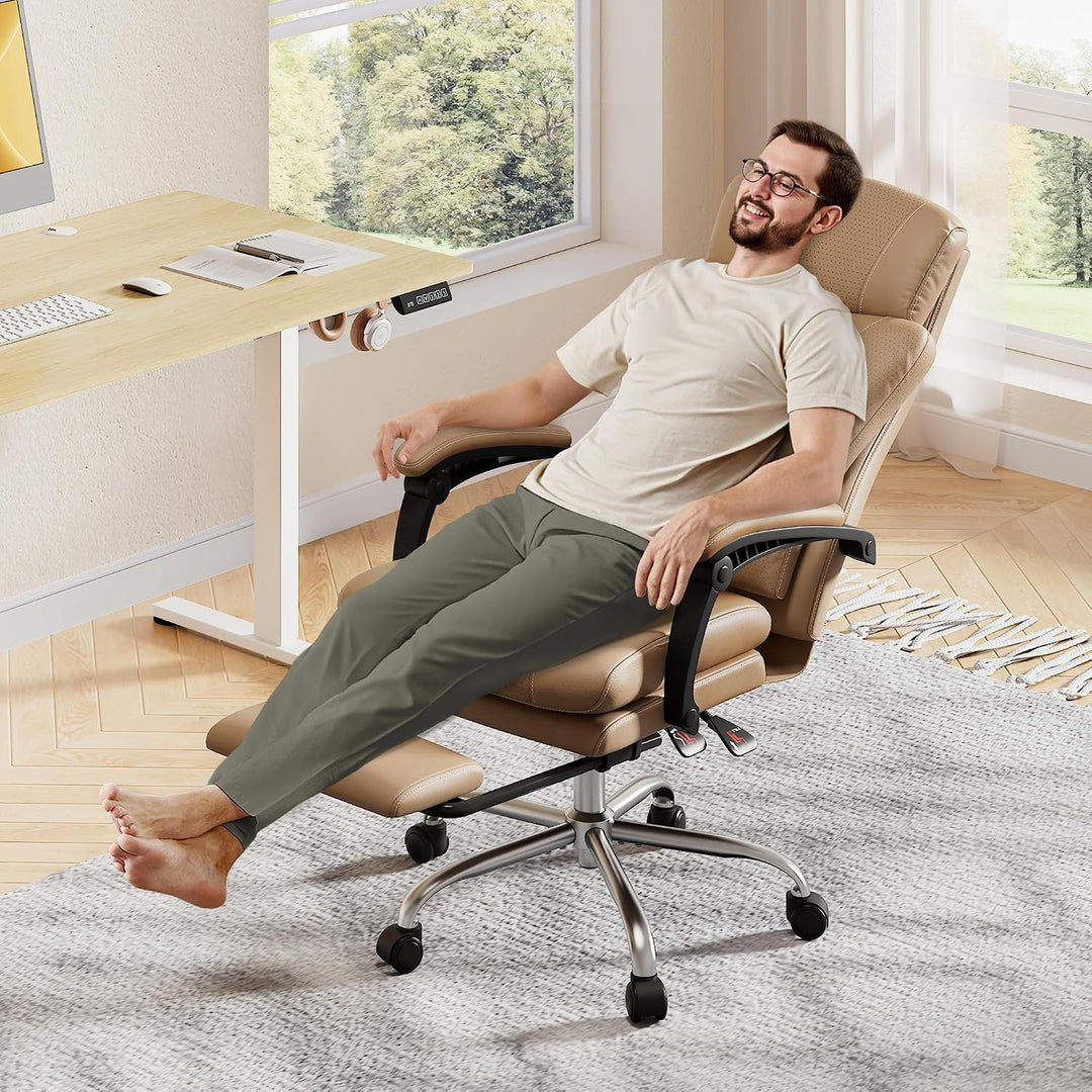 DEVAISE Chefsesse PU Leder: Bürostuhl Ergonomisch mit Fussstütze und Lendenwirbelstütze, Wippfunktio