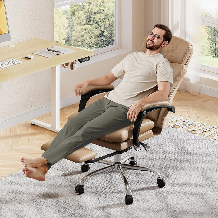 DEVAISE Chefsesse PU Leder: Bürostuhl Ergonomisch mit Fussstütze und Lendenwirbelstütze, Wippfunktio