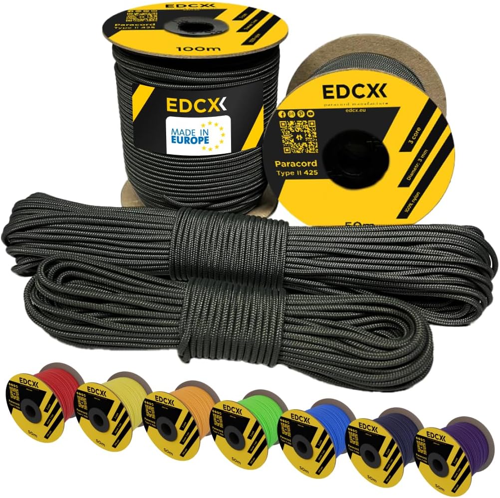 EdcX 3mm Nylon Paracord 425 (50 und 100m) - Typ II, 100% Nylonseil, 3 Litzen Seil, 3mm Nylonseil in