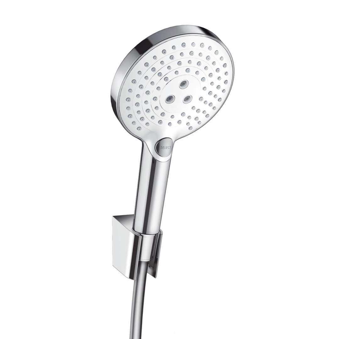 hansgrohe Raindance Select S 120 Duschkopf inkl. Duschkopfhalterung, 3 Strahlarten, Weiss/Chrom 3 St