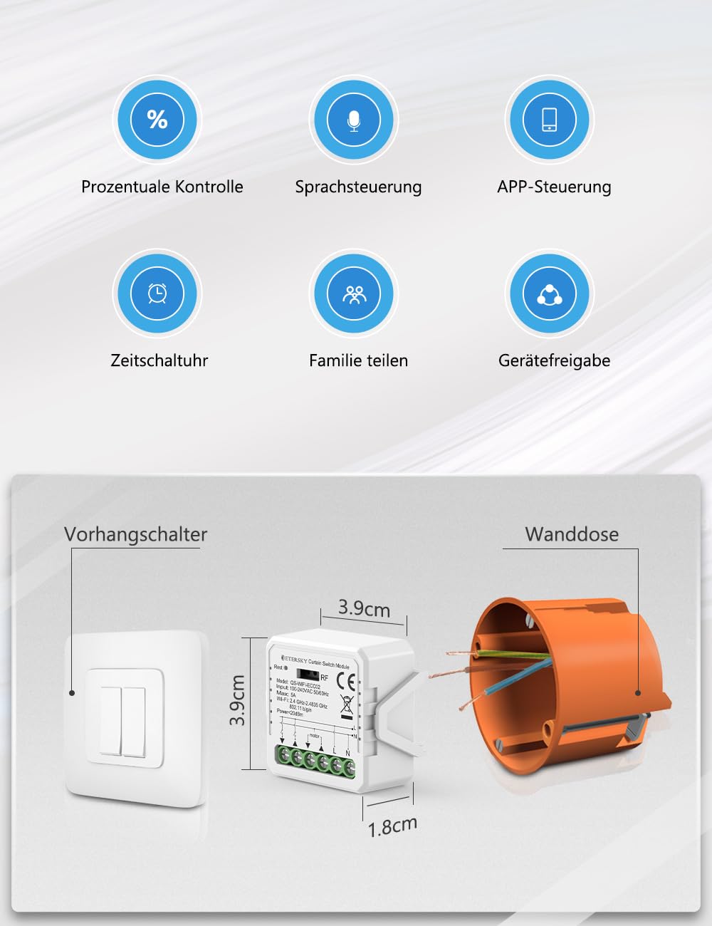 Smart Rolladen Modul mit Prozentfunktion, Etersky Rolladensteuerung, Wlan Rolladen Schalter, Sprachs