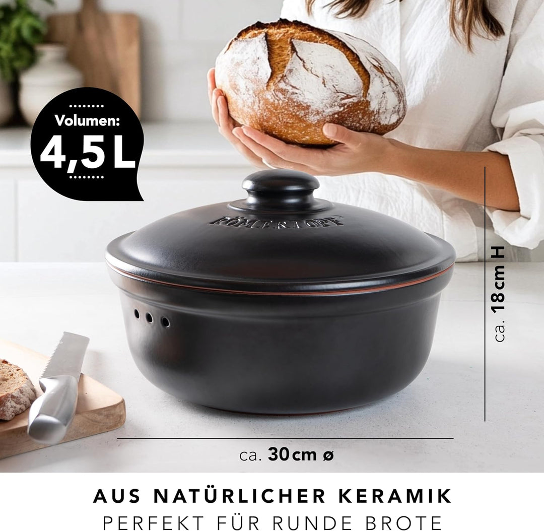 Römertopf Brottopf Rund Ø 30cm - Brotkasten Schwarz aus Keramik - Atmungsaktiver Tontopf für langanh