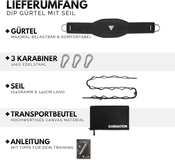 GORNATION Dip Gürtel, Dip Belt mit Kette oder Seil, für Dips & Krafttraining, Trainingsgürtel mit Ch