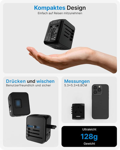 VOOMY Reiseadapter Weltweit, Universal Reisestecker mit 3USB, 1USB, 1AC Steckdose, Reiseadapter Euro