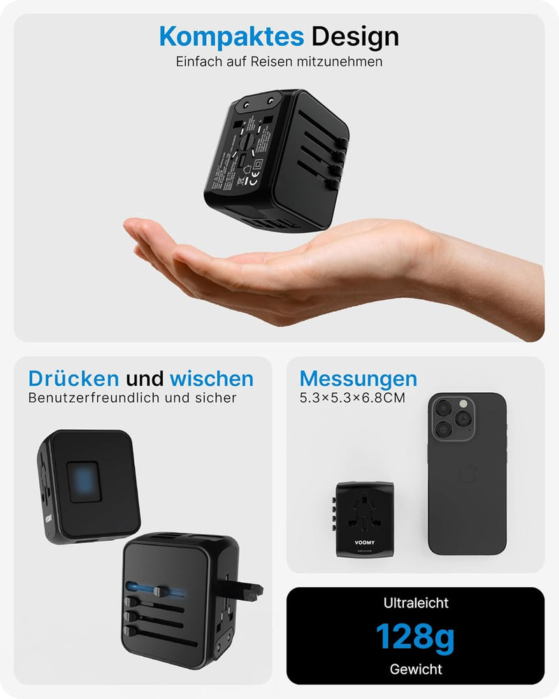 VOOMY Reiseadapter Weltweit, Universal Reisestecker mit 3USB, 1USB, 1AC Steckdose, Reiseadapter Euro
