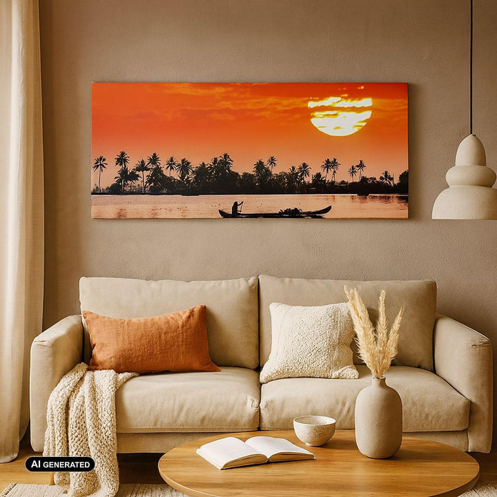 ARTTOR Wandbilder Dekoration Wohnzimmer Kanal boot kultur sonnenuntergang Bilder auf Leinwand 120x50