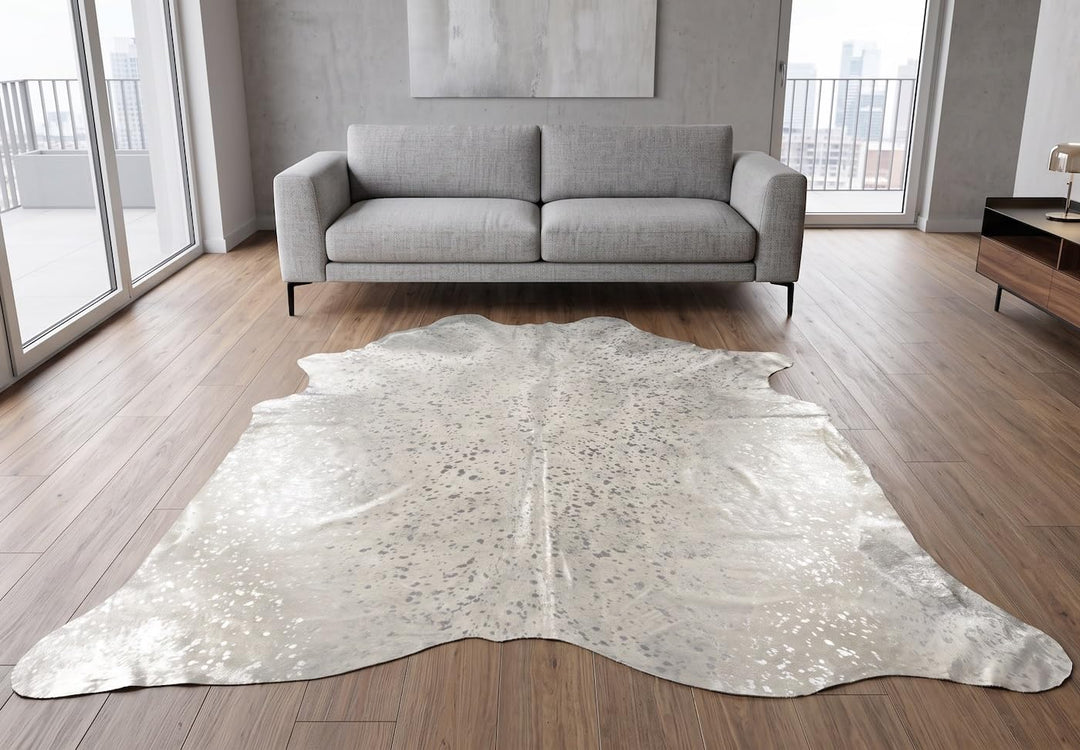 generisch Premium Kuhfell Stierfell Fell Teppich Silber Devore grau Metallic Effekt ca. 230 x 200 cm