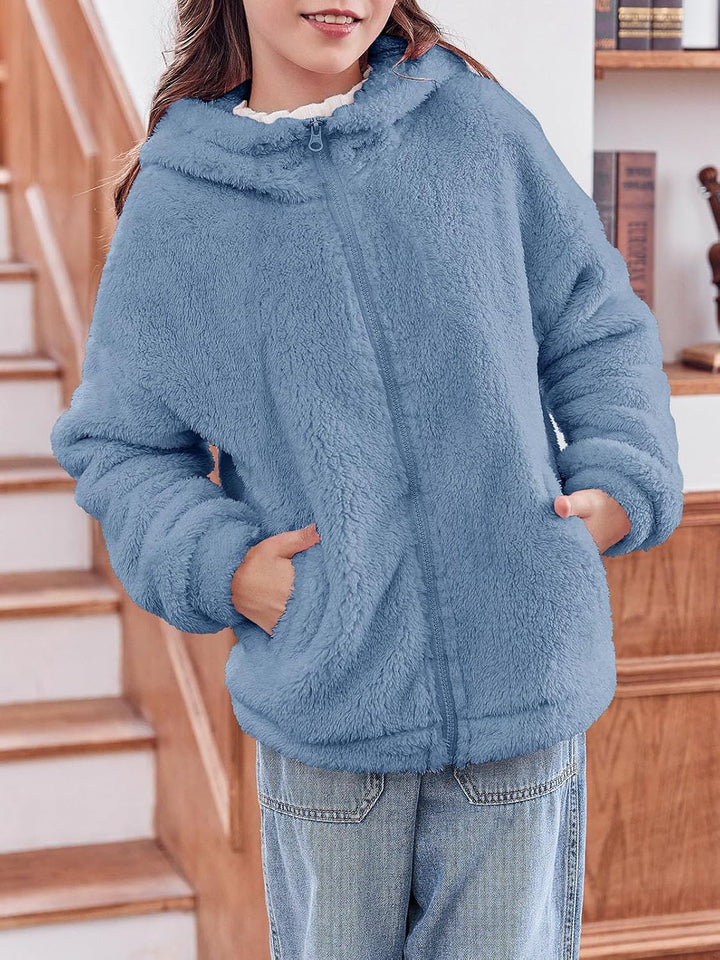 Haloumoning Mädchen Fleece Jacken Kinder Weich Fuzzy Kapuzenpullover Winter Coat Jacke 7-8 Jahre Bla