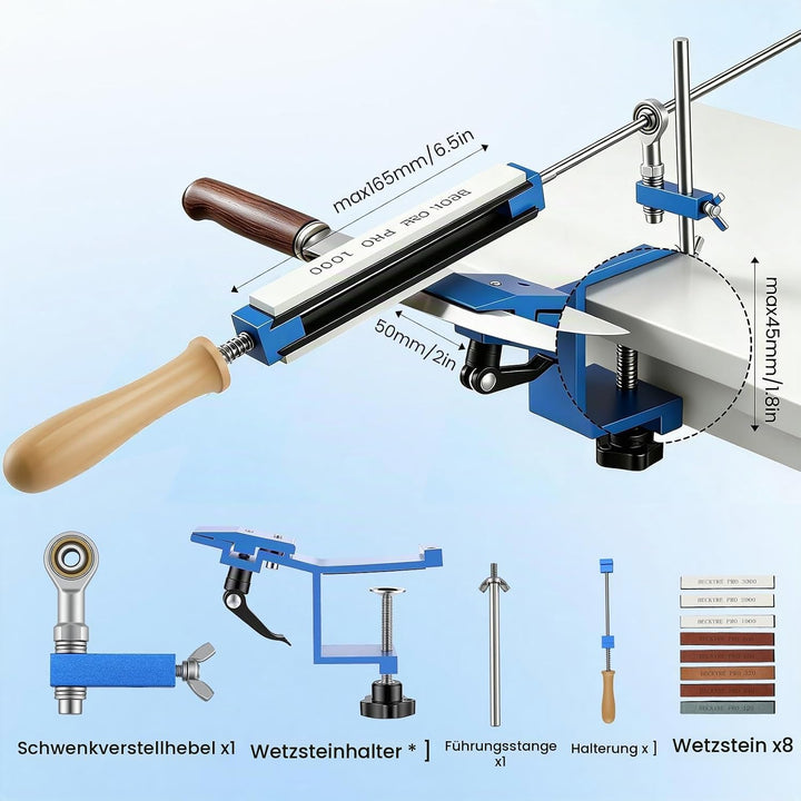 Messerschärfer mit 8 Schleifsteine, Messerschärfsystem Festwinkel mit Schnellspann-Design, Professio