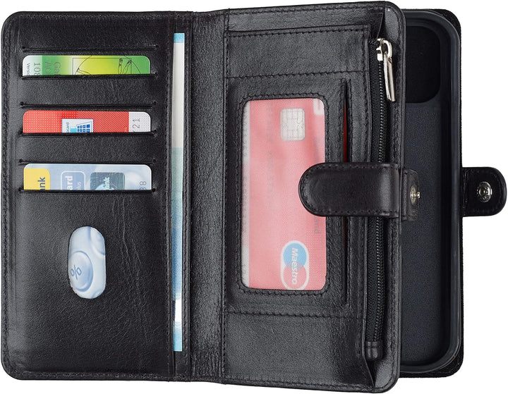 HANS/SON iPhone 13 Lederhülle mit Geldbörse | 2-in-1 Handyhülle in Schwarz aus Echtleder | iPhone 13