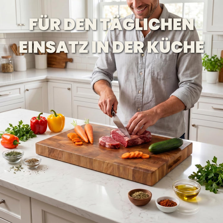 Premium Stirnholz Schneidebrett Eiche 50 x 30 x 4 cm schont die Messerklingen und sorgt für maximale