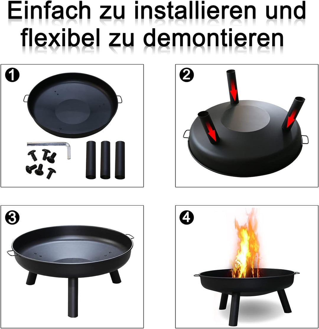 Daromigo Feuerschale Ø 80 cm, mit 2 Griffen und 3 abnehmbaren Füssen, grosse Feuerschale und Feuerko
