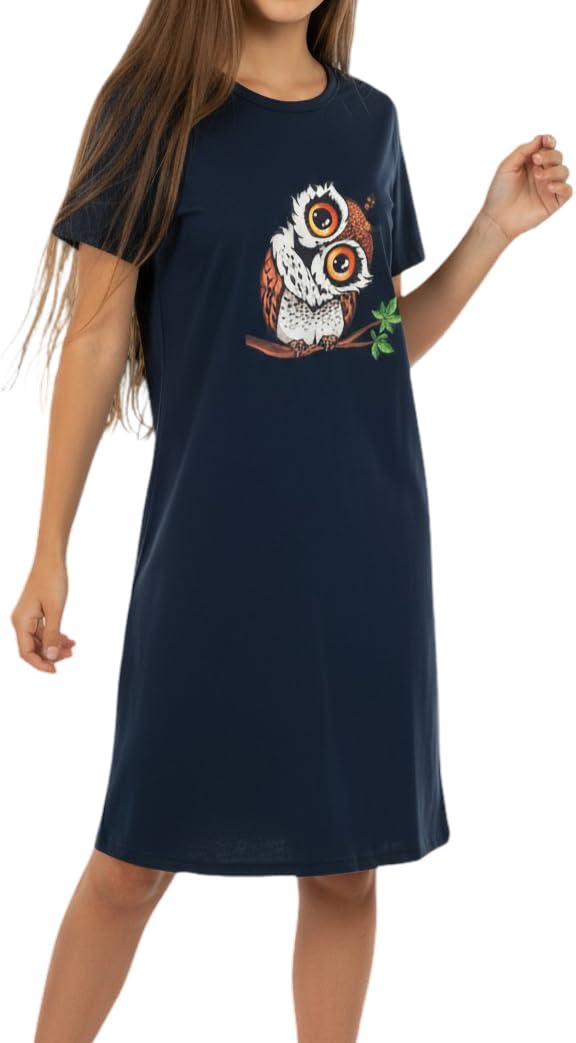 Mädchen Nachthemd mit kurzem Arm, weicher Single-Jersey aus 100% Bauwollle, mit Eulen oder Faultier