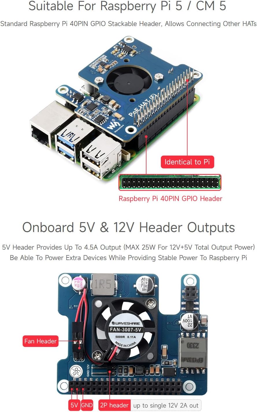 Waveshare PoE Power Over Ethernet HAT (F) Compatibele with Raspberry Pi 5 / cm 5, High Power, Onboar