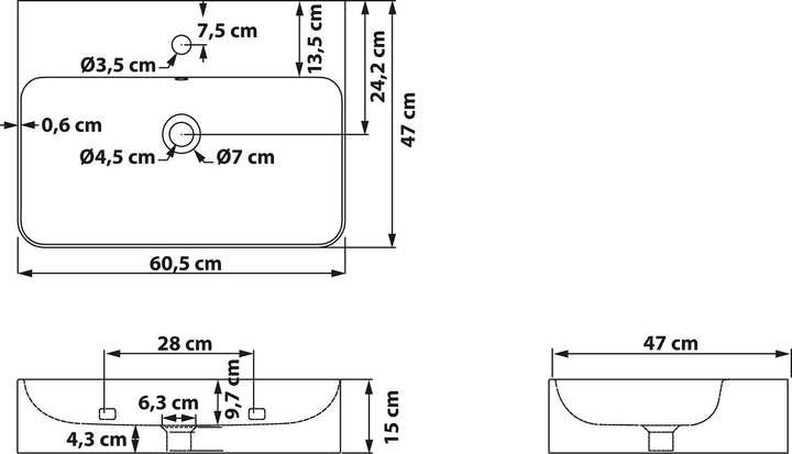 Schöner Wohnen Kollektion Waschbecken Dara 60,5 x 47 cm, Keramikwaschbecken Bad, Aufsatz- oder Wand-