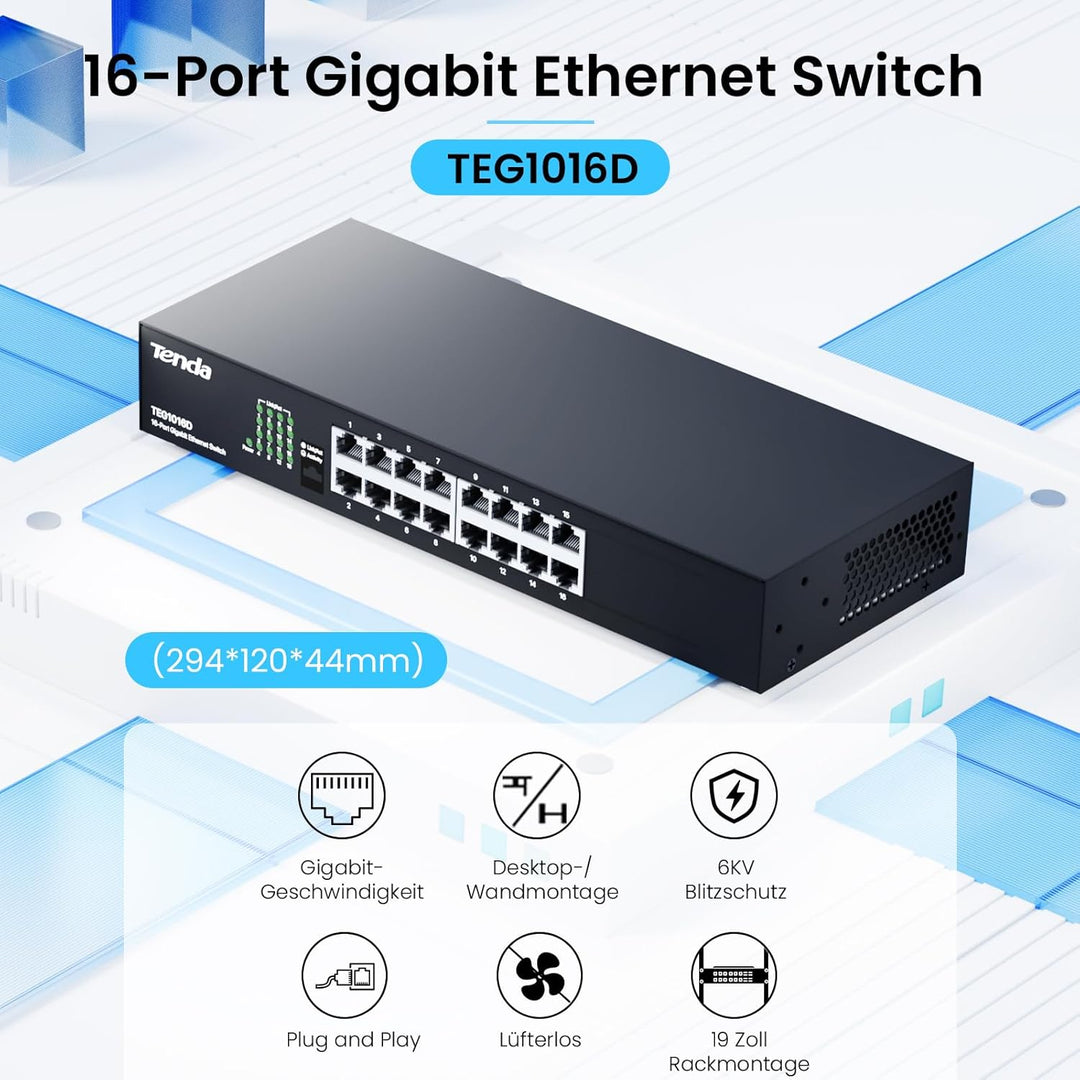 Tenda TEG1016D Gigabit Switch 16 Port 19 Zoll Rackeinbau Netzwerk Switch (Plug-und-Play, 32Gbit/s Sw