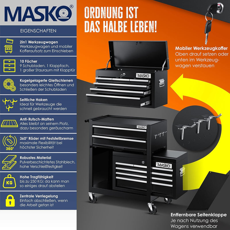 MASKO® Werkstattwagen inkl. Koffer - 9 Fächer Abschliessbar | Massives Metall | Mobiler Werkzeug-Wag