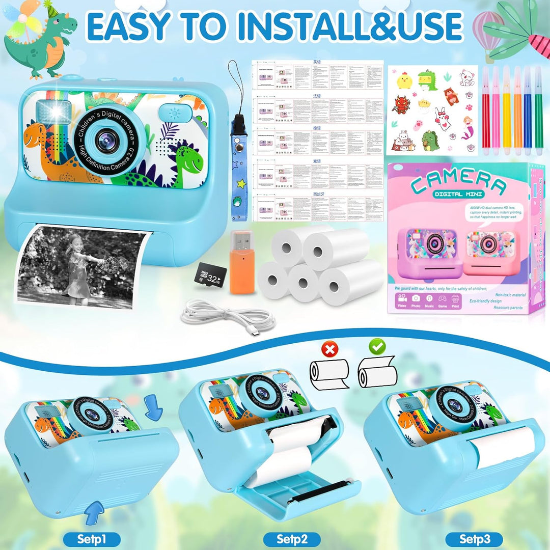Sofortbildkamera Kinder, 1080p Kinderkamera Sofortbildkamera Mit 32g Karte,Druckpapier &amp; Farbigen St