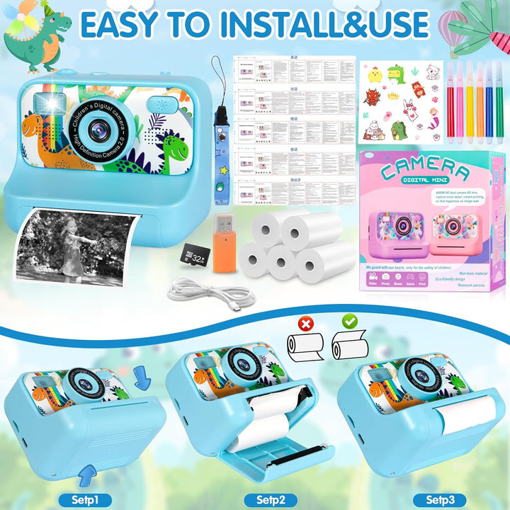 Sofortbildkamera Kinder, 1080p Kinderkamera Sofortbildkamera Mit 32g Karte,Druckpapier &amp; Farbigen St