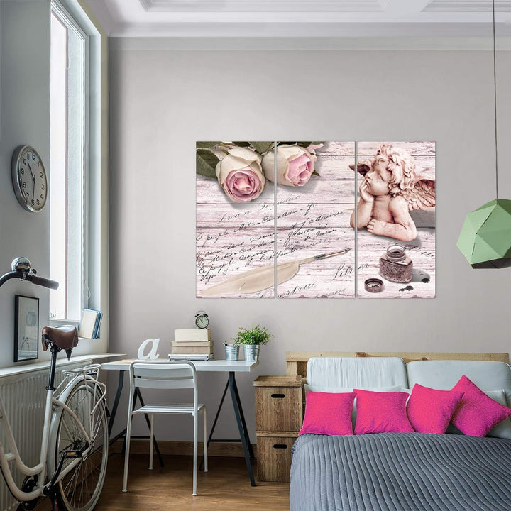 Runa Art Wandbilder Engel Blumen Bild XXL Wohnzimmer Schlafzimmer Rosa Grau Vintage 120 x 80 cm 3 Te