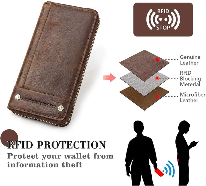 Contacts RFID Blocking Echtleder Herren Reissverschluss um Brieftasche Karte Telefonhalter Münzkuppl