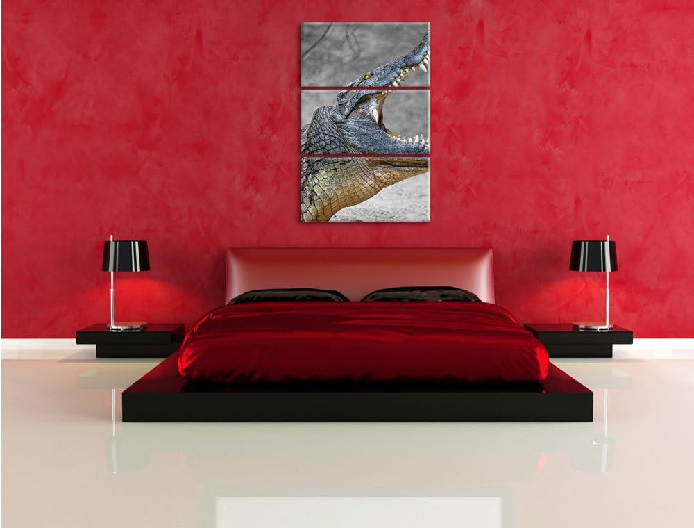 Pixxprint Krokodil mit aufgerissenen Maul als Leinwandbild/Grösse: 3 Teilig (120x80) cm/Wandbild/Kun