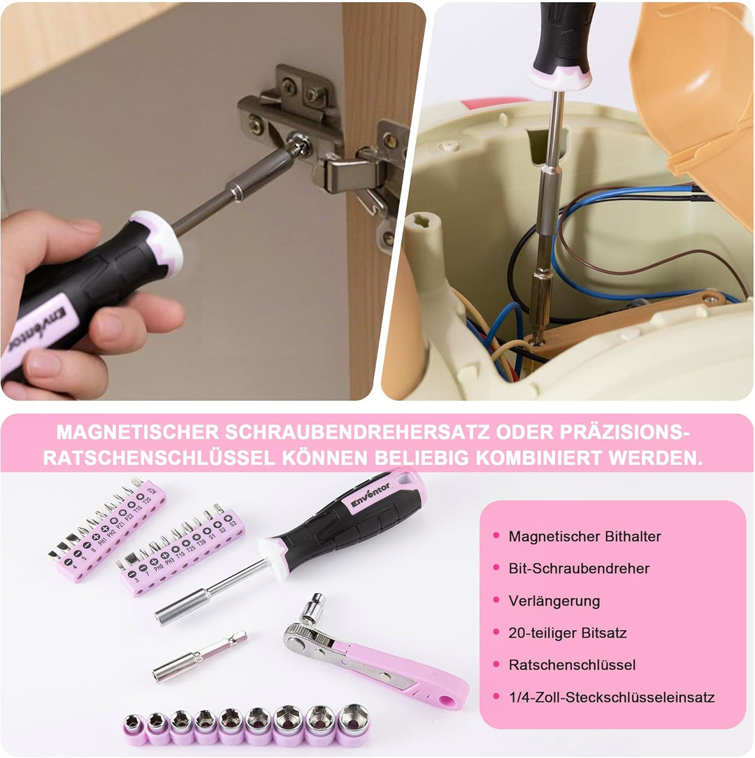 ENVENTOR Kleiner Werkzeugkoffer für Frauen, Haushalts Werkzeug-Set, Werkzeugkasten Rosa, Universal K