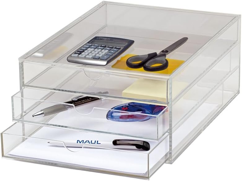 MAUL Schubladenbox A4 aus Acryl | Schreibtisch Organizer mit 3 Fächern zur Aufbewahrung von Papier,