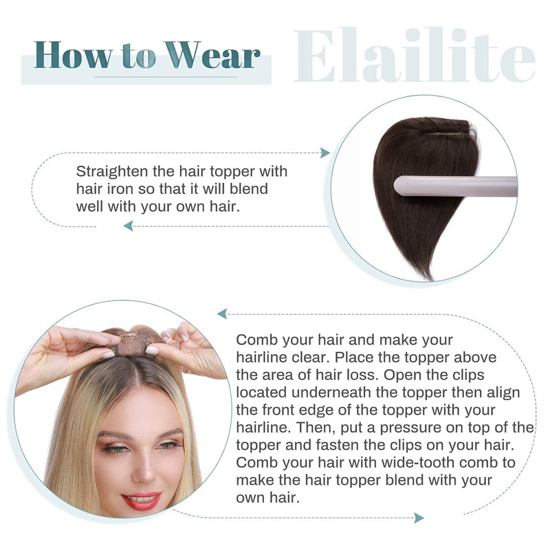 Elailite Haarteil Echthaar Topper Clip in Toupet Frauen Haartopper Extensions Seide Basis Clip in Ex