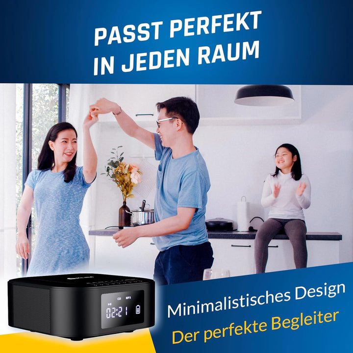 KLIM Boombox E1 Radio mit CD Player - CD-Hülle - BASS Boost mit Tieftöner - FM Radio, MP3, Bluetooth