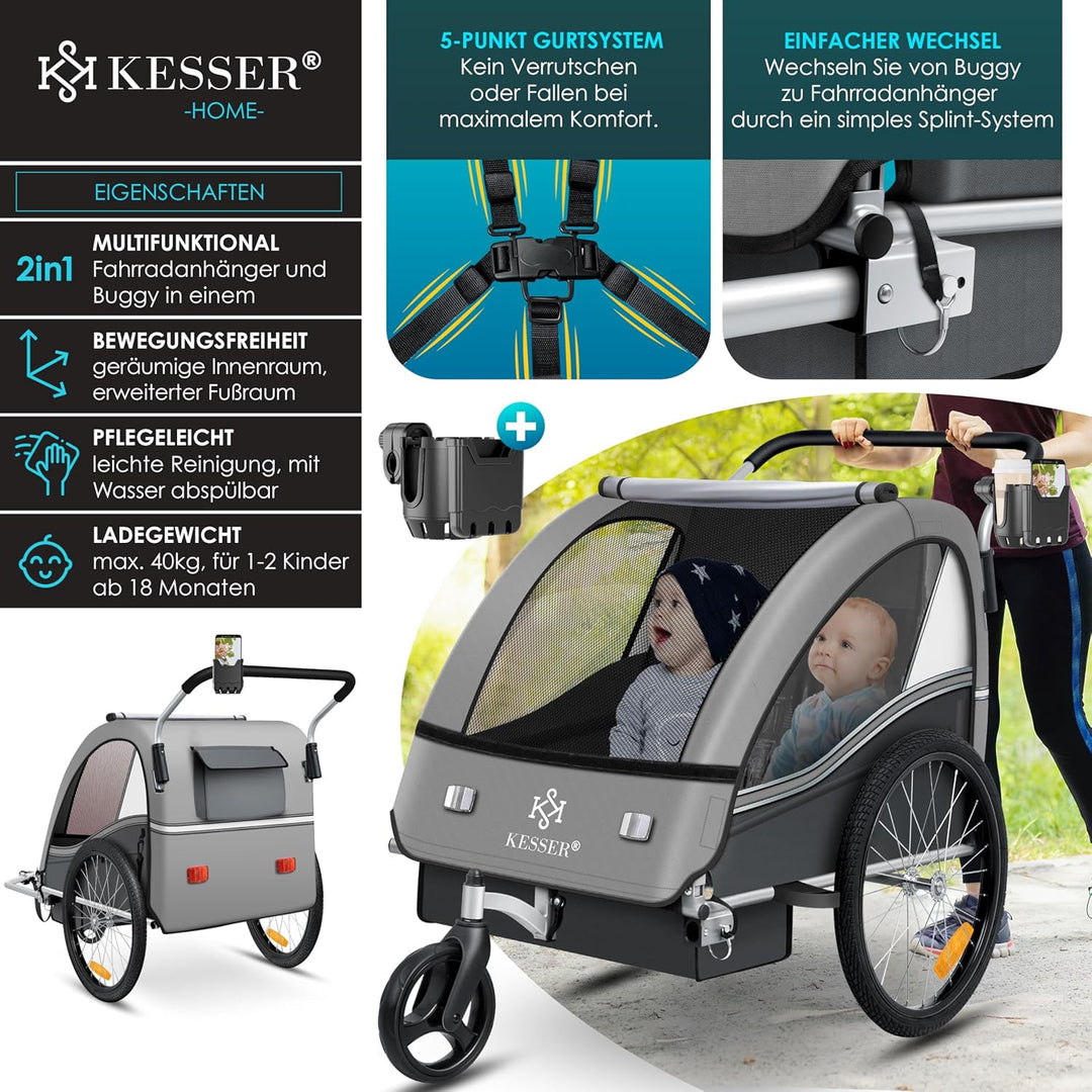 KESSER® Kinderanhänger Fahrradanhänger Sport-RX 2 in 1 Joggerfunktion Kinderfahrradanhänger + 5-Punk