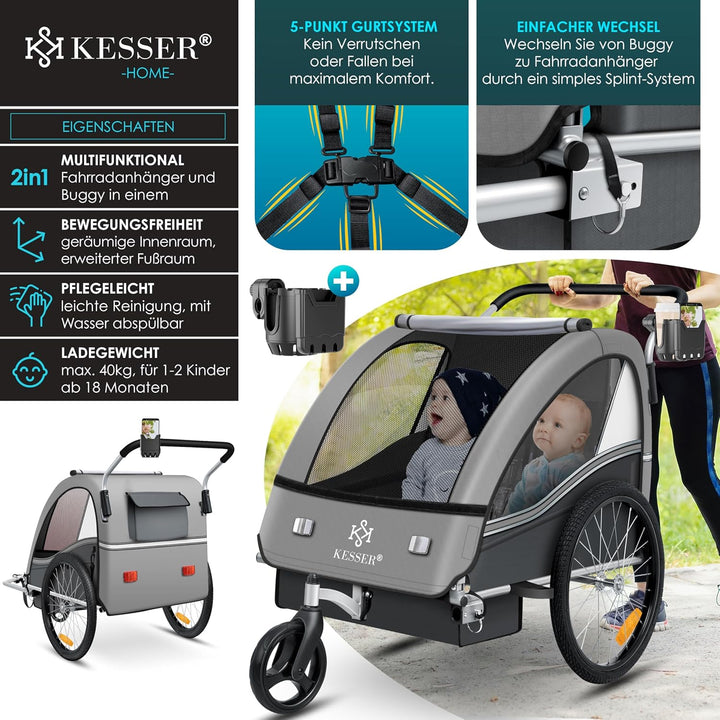 KESSER® Kinderanhänger Fahrradanhänger Sport-RX 2 in 1 Joggerfunktion Kinderfahrradanhänger + 5-Punk