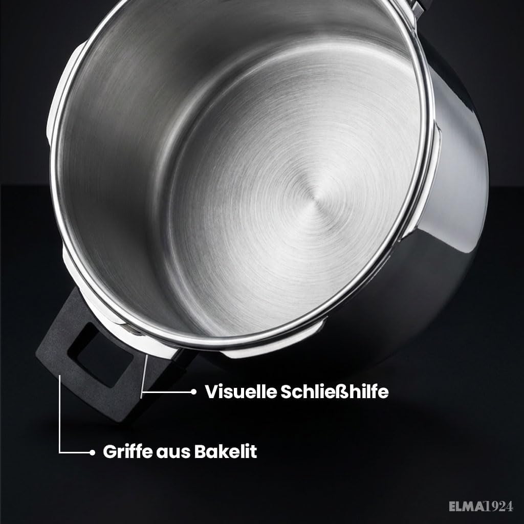ELMA Prêst Schnellkochtopf 8 Liter, Ø 24 cm | 18/10 Edelstahl, Induktionsgeeigneter Kapselboden, 2 G