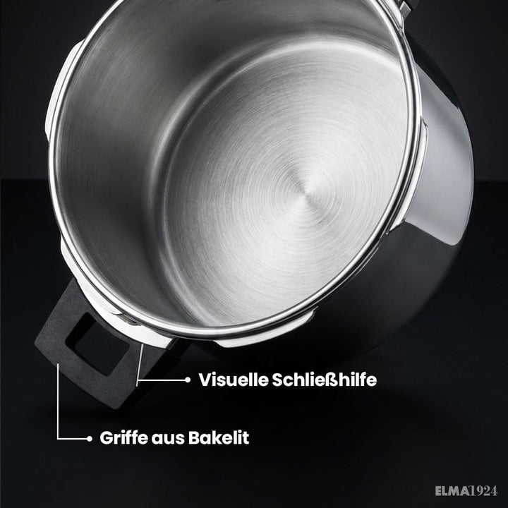 ELMA Prêst Schnellkochtopf 8 Liter, Ø 24 cm | 18/10 Edelstahl, Induktionsgeeigneter Kapselboden, 2 G