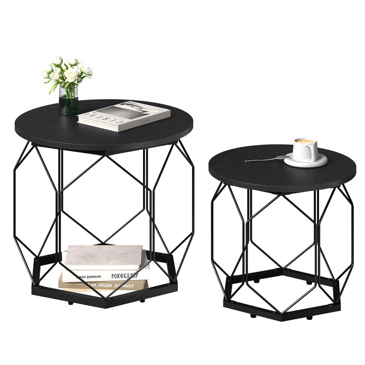 WOLTU 2er Set Couchtisch, Beistelltisch mit runder Tischplatte, Sofatisch mit hohlem Metallrahmen, W