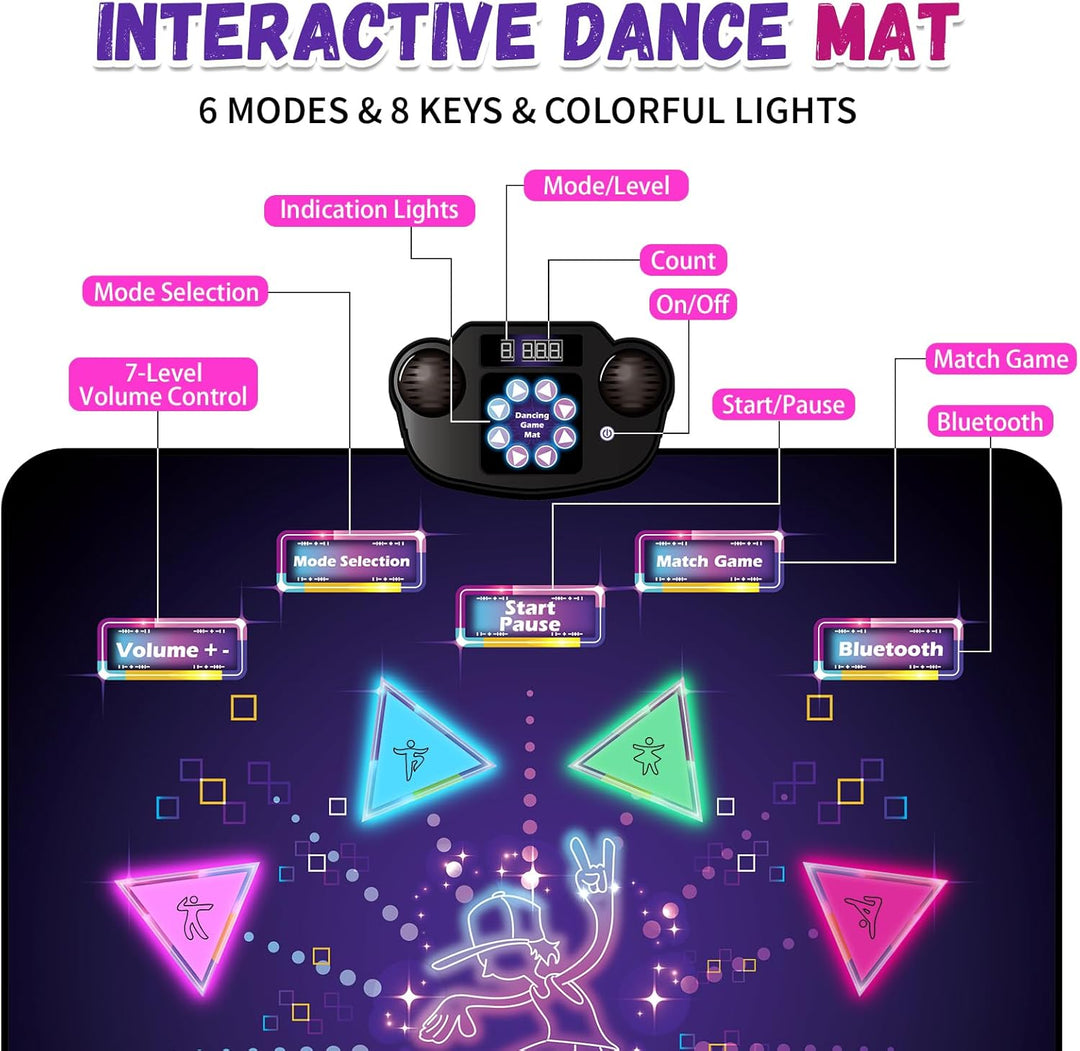 YESHIN Tanzmatte Kinder mit 8 farbigen Lichtern, Wiederaufladbare Musikmatte mit Bluetooth, 6 Spielm