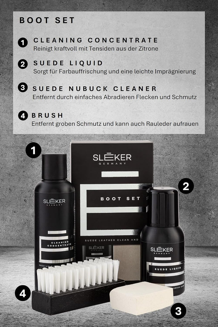 SLEEKER Boot Set, praktisches Rauleder Reinigungsset zur kraftvollen Reinigung und Pflege von Boots