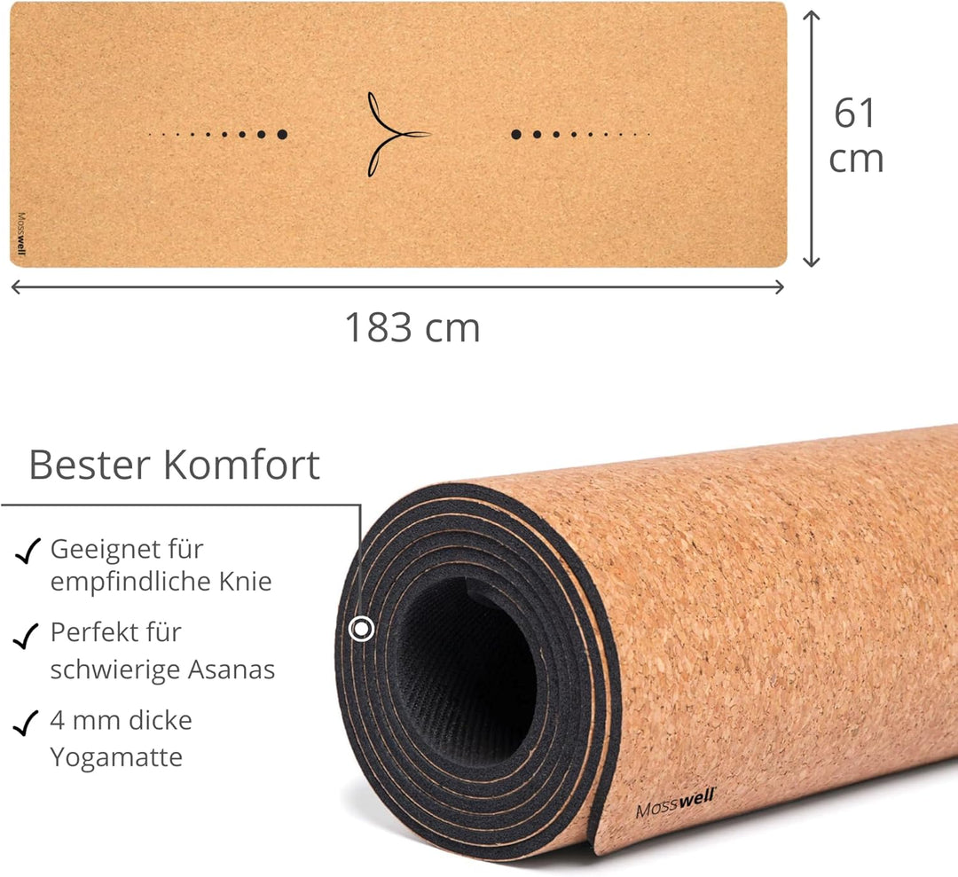Mosswell Premium Kork-Yogamatte (4mm dick) - Rutschfeste Fitnessmatte mit Hilfslinien - Pilatesmatte