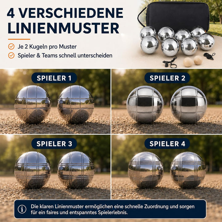 Boules-Set aus verchromtem Stahl (8 Kugeln),2 Holz-Zielkugeln, Abstandsmesser &amp; Ballabsauger | Kompl