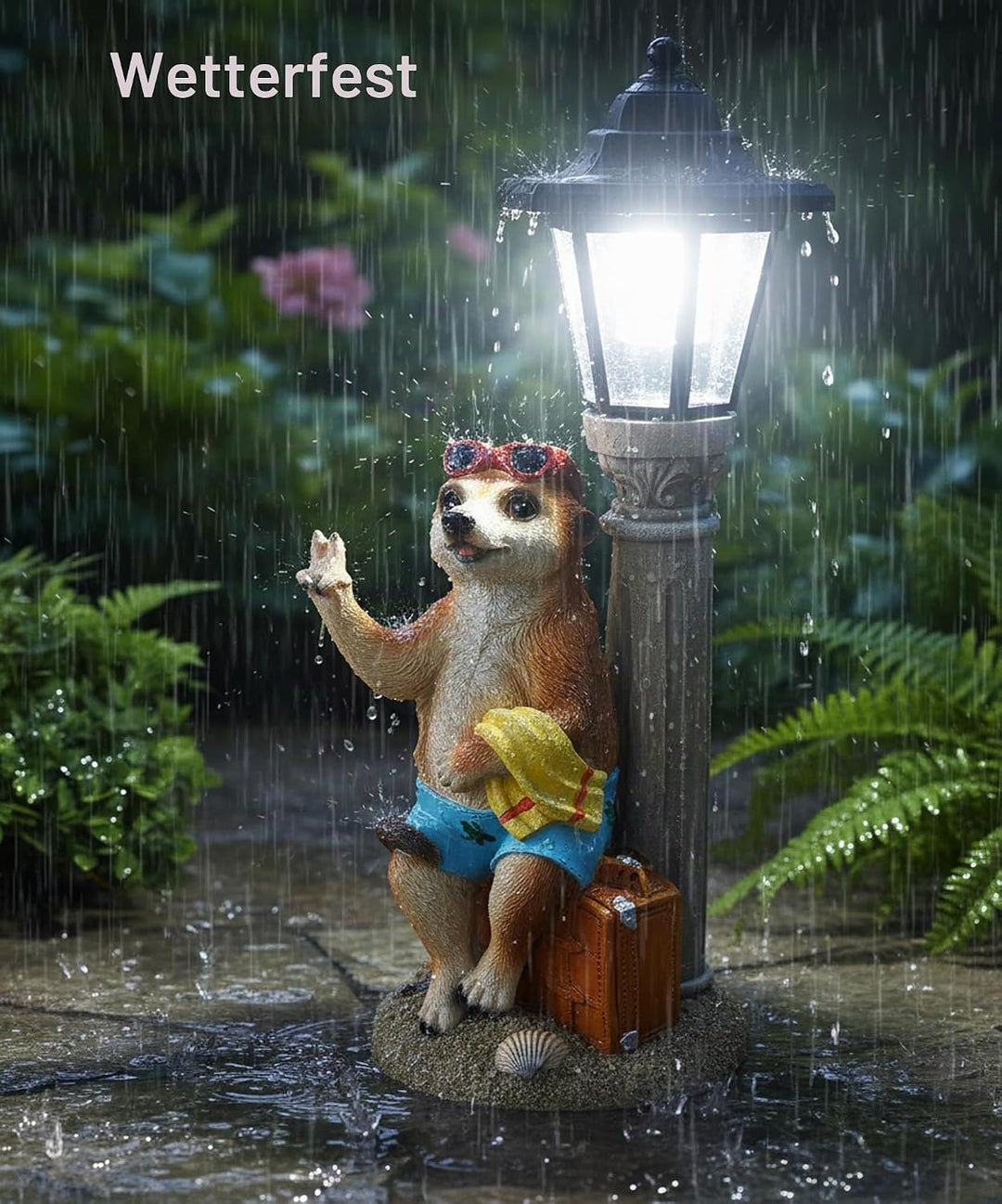 Kremers Schatzkiste Erdmännchen Urlauber mit Solarlaterne Figur Gartenfigur 45 cm Garten