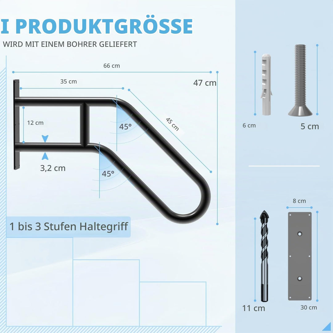 YEOOE Wandhalterung Handlauf Treppe, U-förmiger Handgeländer für 1 bis 3 Stufen, Mattschwarzes Trepp