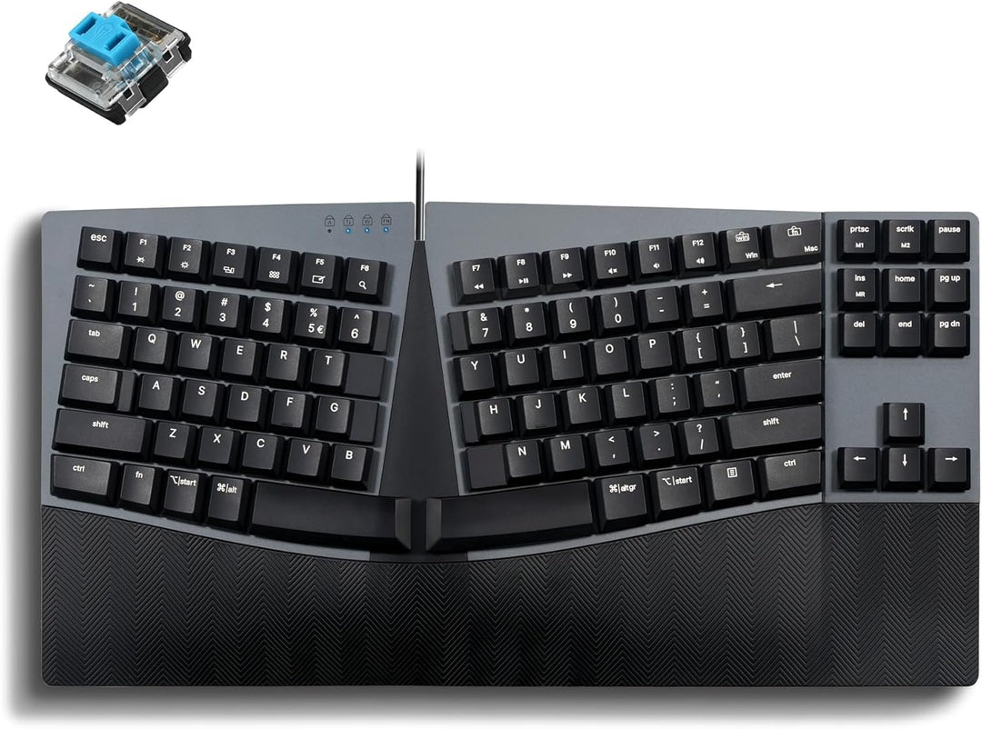 Perixx PERIBOARD335BL Kabelgebundene ergonomische mechanische kompakte Tastatur – Flache Blaue Klick