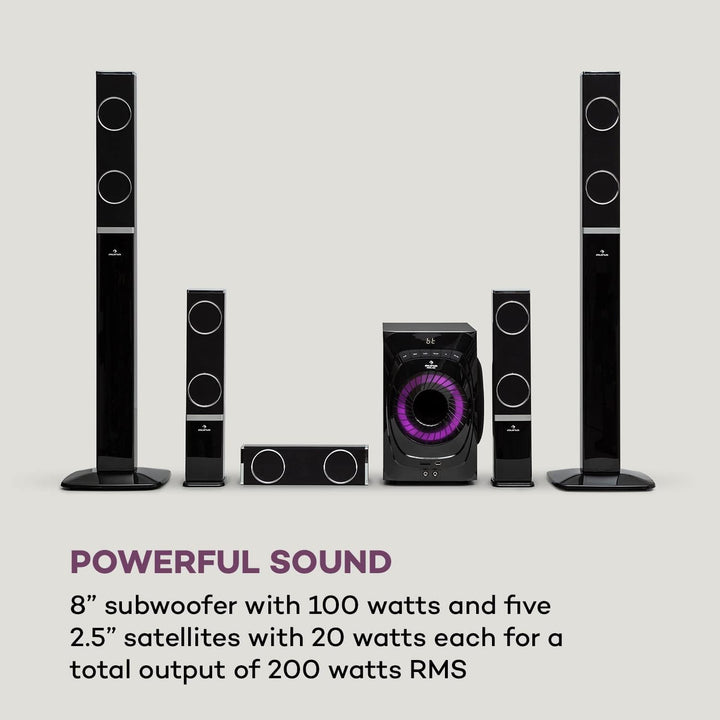 auna Areal 825 5.1 Soundsystem - 5.1 Heimkinosystem mit 200 Watt Leistung RMS, 8" Heimkino Subwoofer