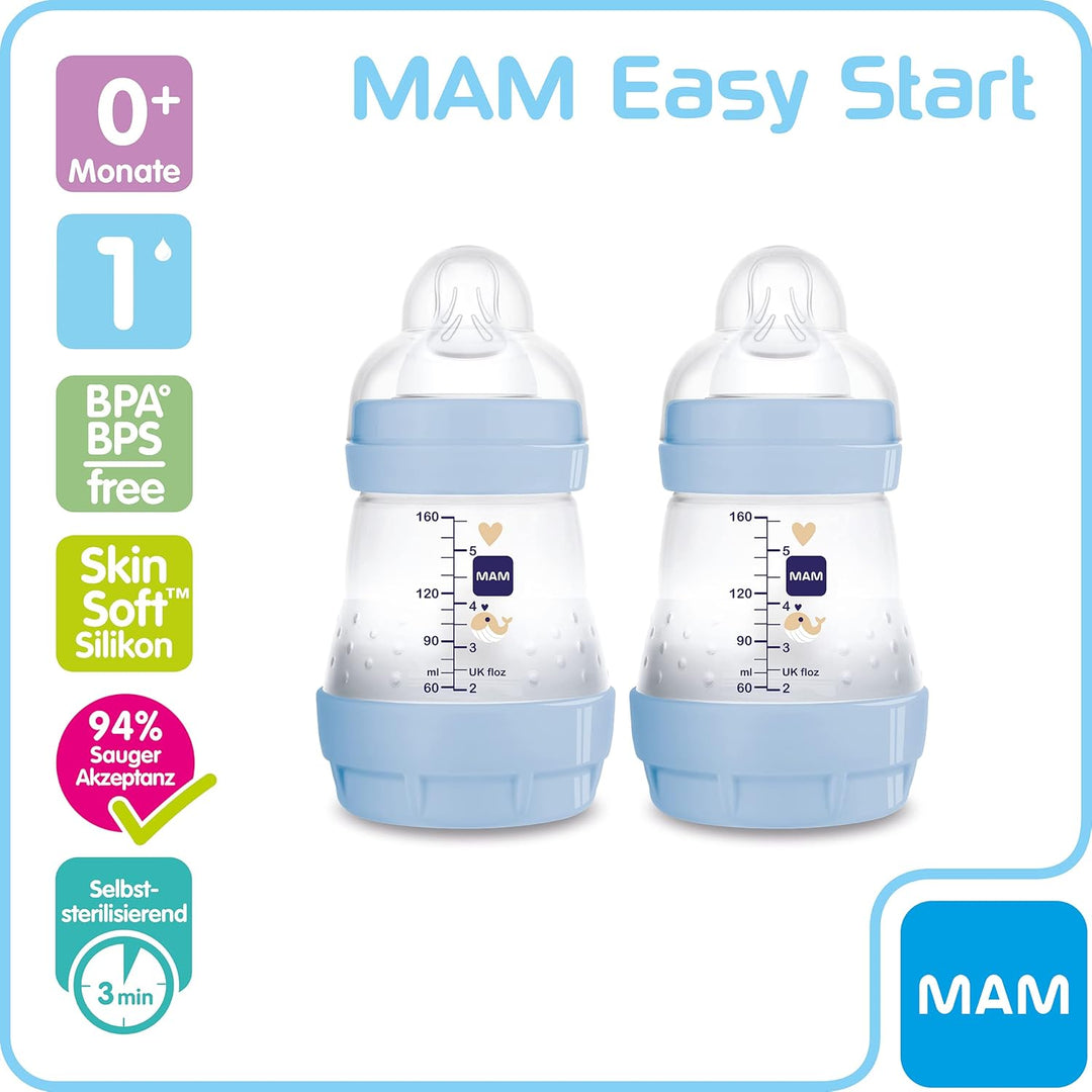 MAM Easy Start Anti-Colic Babyflasche im 2er-Set (160 ml), Milchflasche mit innovativem Bodenventil