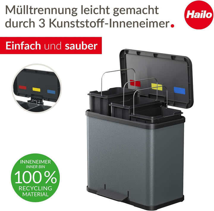 Hailo Öko trio Plus L Tret-Mülltrenner - freistehender 3 x 9 Liter Dreifachmülleimer aus Stahlblech