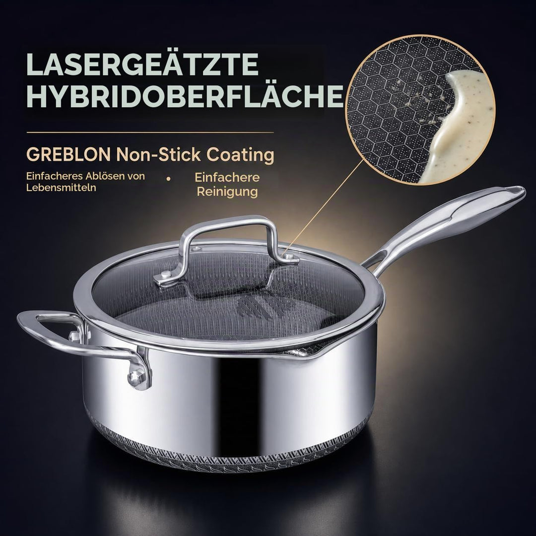 INTIGNIS 22 cm / 3.5 L Antihaft-Kochtopf mit Doppeltgriff und Deckel | Edelstahl | Für Induktion Gas