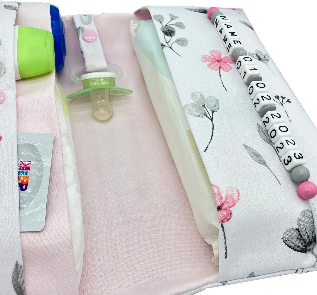Grosse Windeltasche XXL mit Name Wickeltasche - Blumen weiss rosa grau - für Mädchen