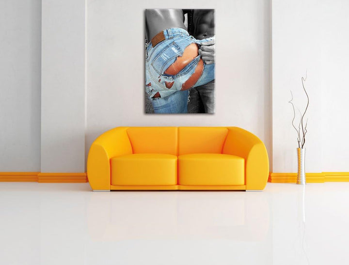Pixxprint Frau in aufgerissener Jeans als Leinwandbild/Grösse: 100x70 cm/Wandbild/Kunstdruck/fertig