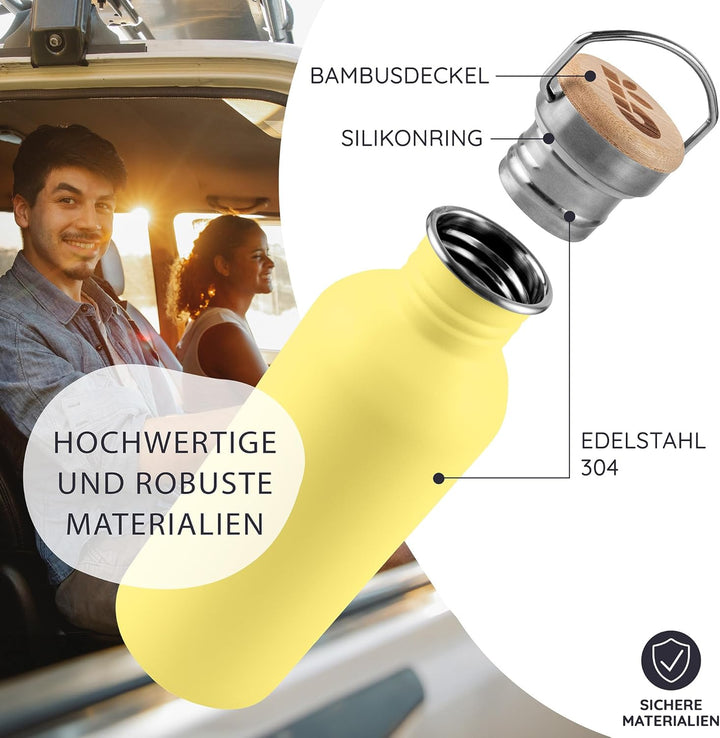Bambaw Trinkflasche Edelstahl 750ml, Nicht-isolierte Gelbe Trinkflasche, Trinkflaschen Spülmaschinen